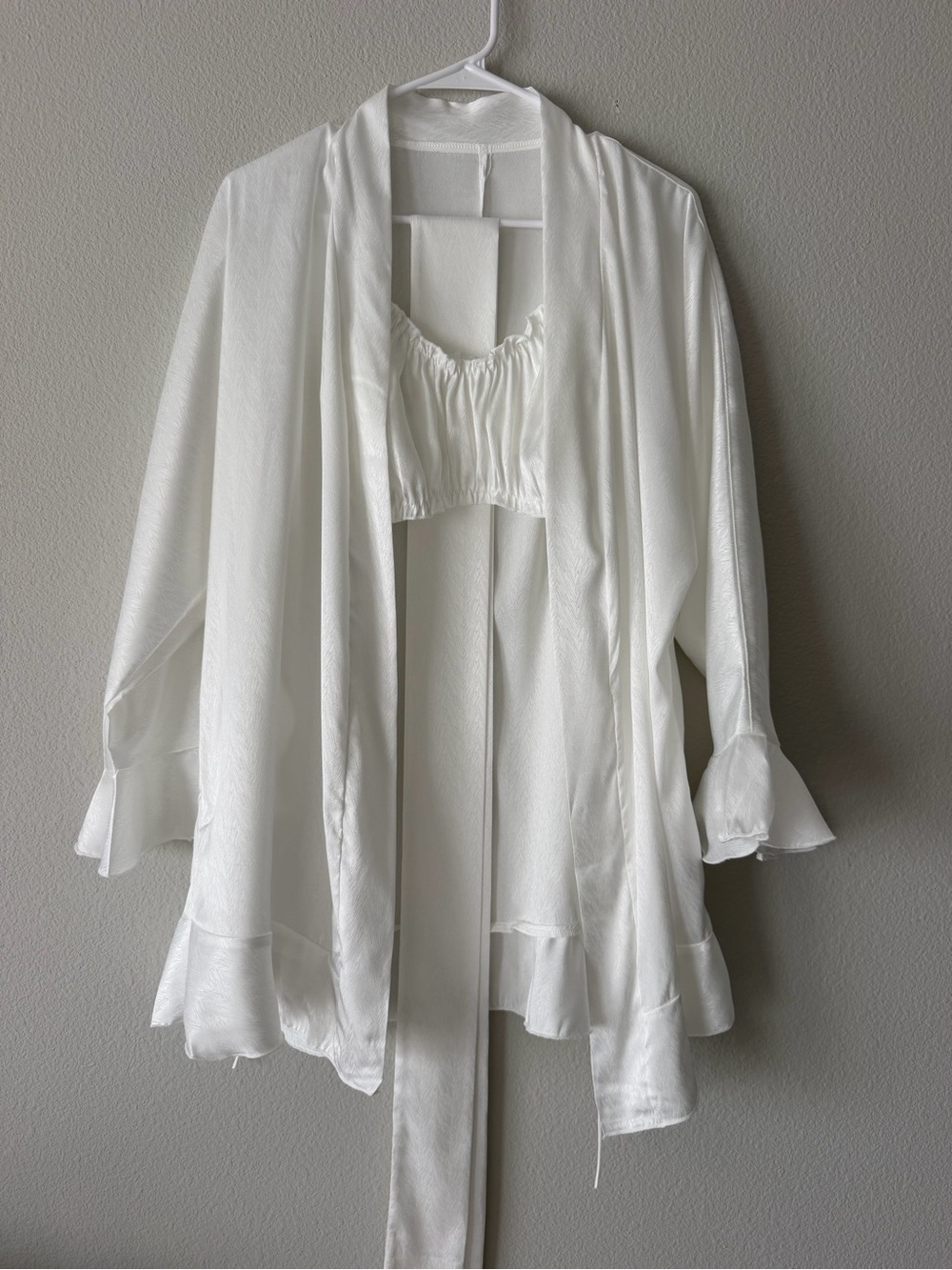 White Satin 3 Piece Lounge Set M Robe Bralette Ruffle Shorts Bridal Pajama NWOT